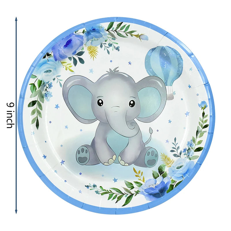 Blue Baby Elephant Disposable Tableware Set Paper Plate Cup Napkin Kids Boys 1st Birthday Party Decoration Baby Shower Supplies