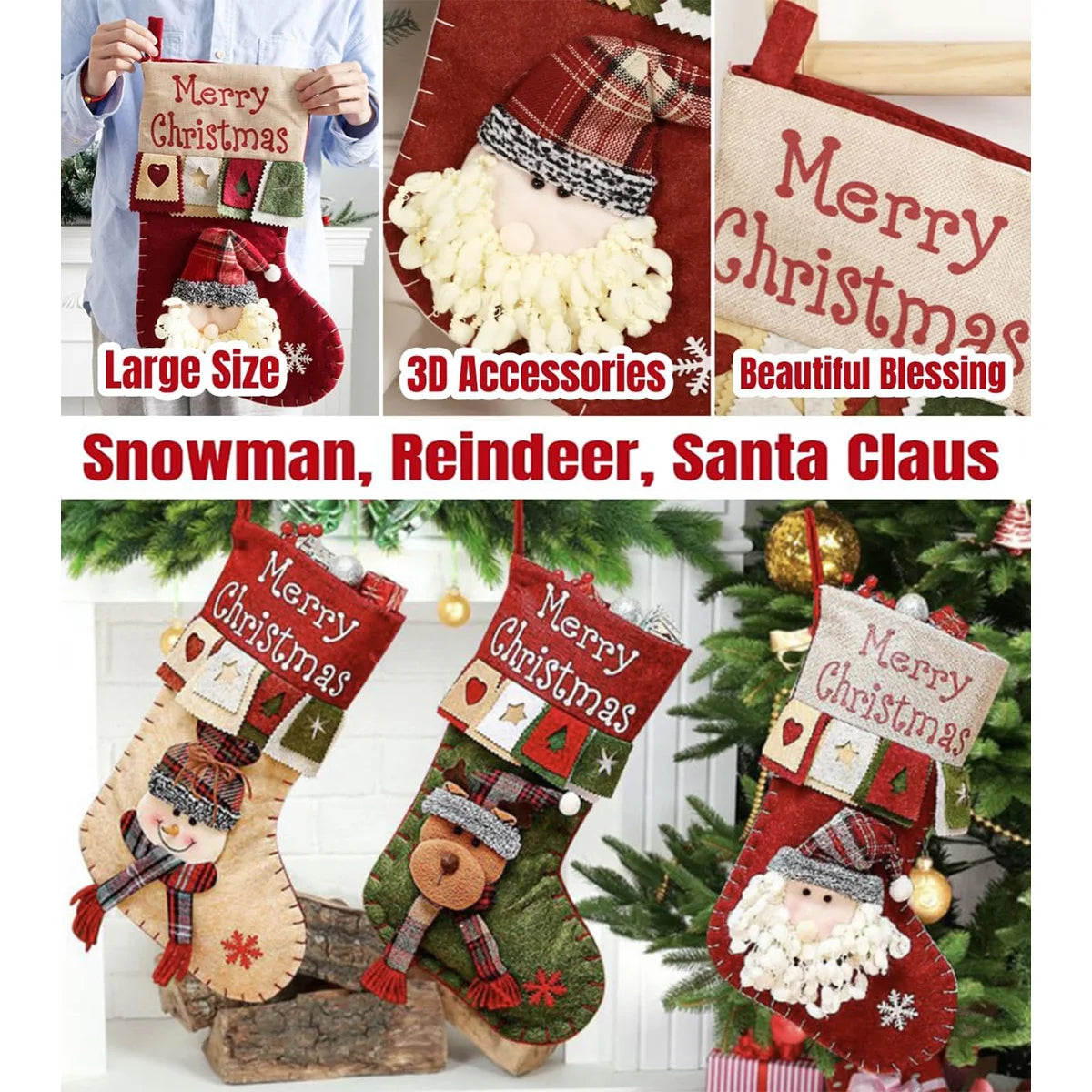 1pcs Retro Christmas Stockings Decoration Large Boots Tree Santa Snowman Reindeer Candy Bag Gift Bag Xmas HomeHanging Decoration