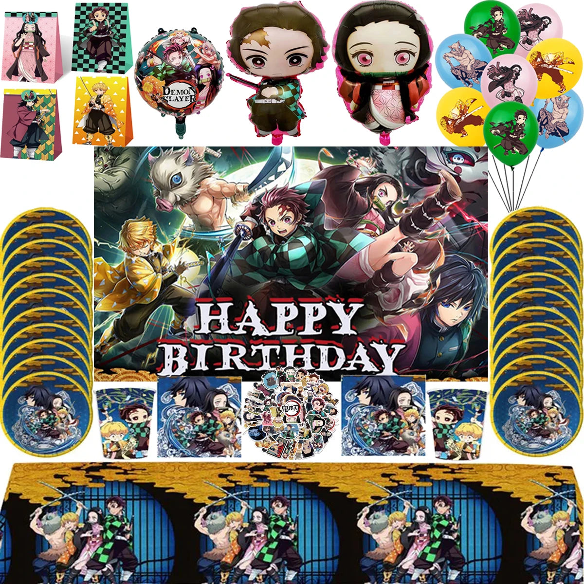 Demoned Slayered Kimetsu No Yaiba Balloon Happy Birthday Banner Party Decoration Disposable Tableware Background Toy Ballon