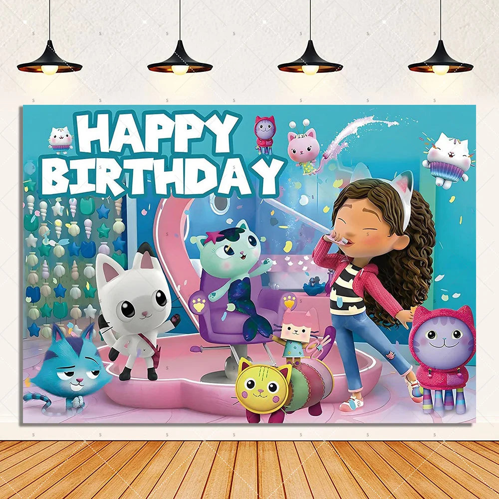 Cartoon G-Gabby Doll House Birthday Party Decorations Disposable Tableware Tablecloth Balloon Background Banner Party Supplies