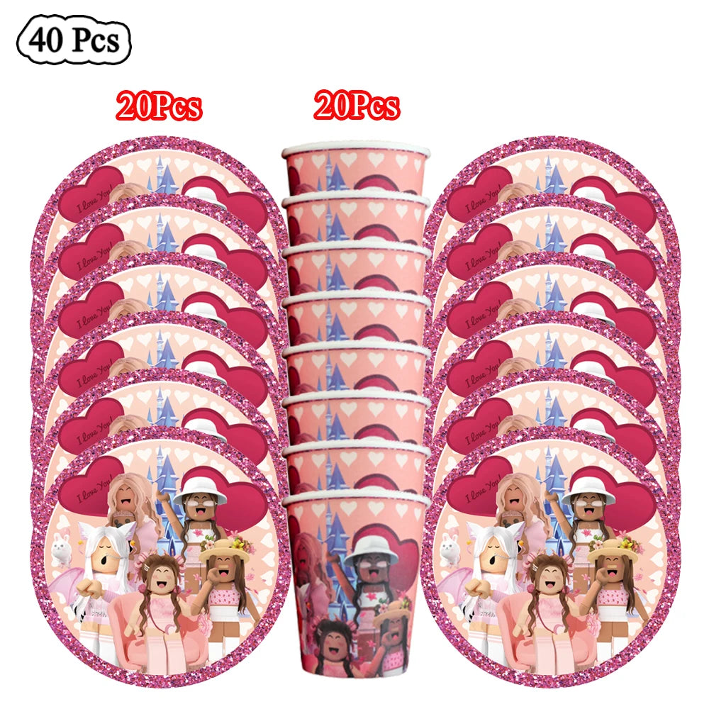 Cartoon Pink Roblox Birthday Party Decorations Napkins balloons Plate Girls Baby Shower Disposable Robot Tableware Supplies set