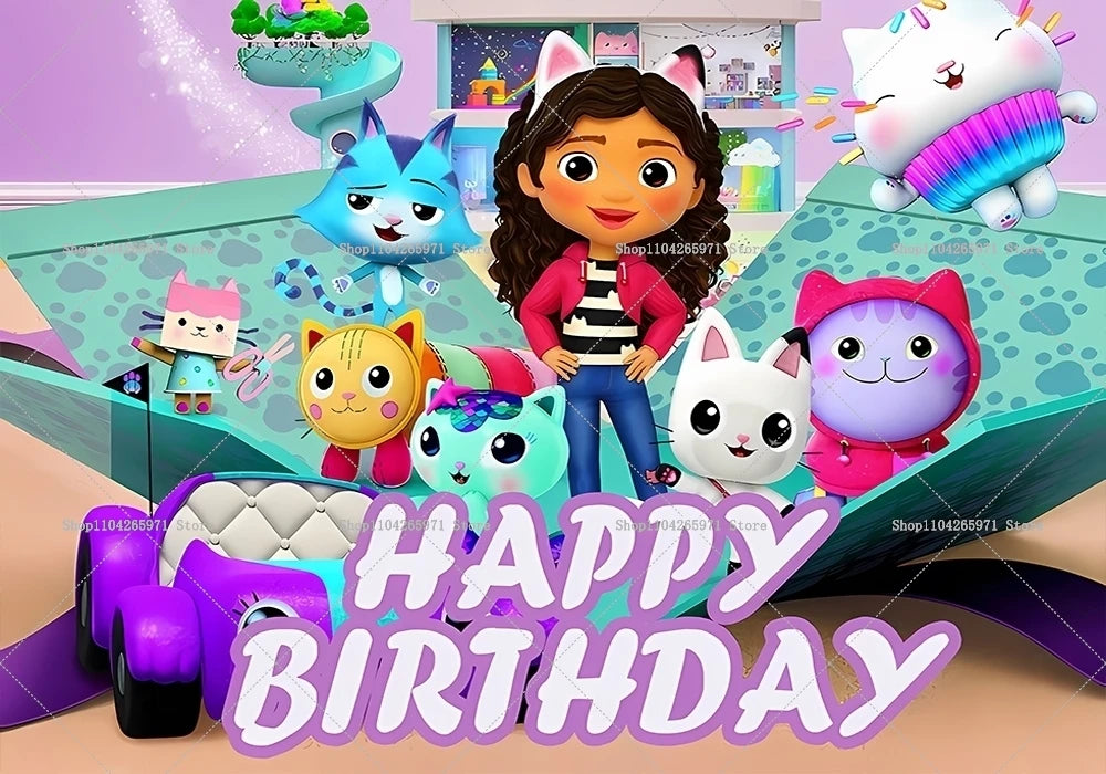 Cartoon Gabby Dollhouse Children Birthday Party Supplies Decoration Background Girl Baby Shower Pink Toy Photo Shoot Banner Prop