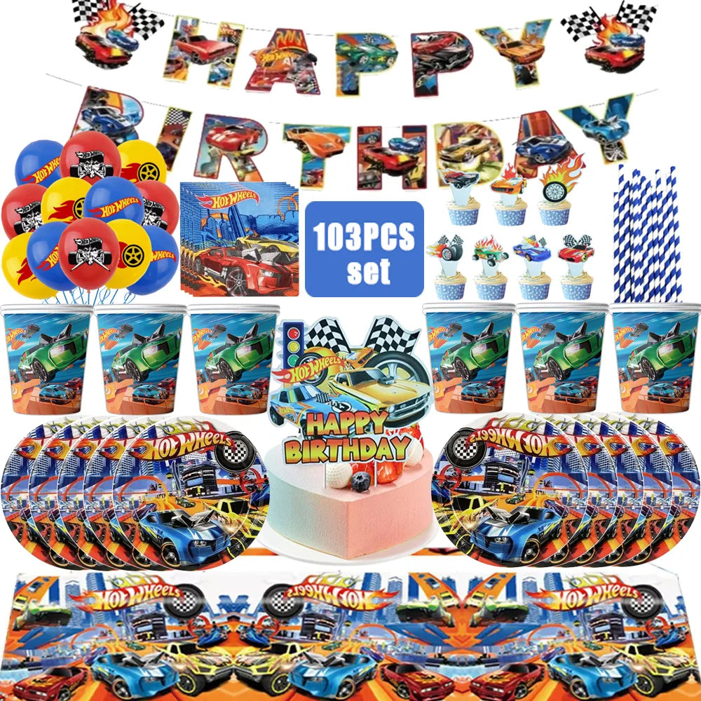 Hot Wheels Birthday Party Decor Disposable Tableware Racing Car Gift Bag Tablecloth Cake Balloon Plate Boy Kid Party Supplie Set