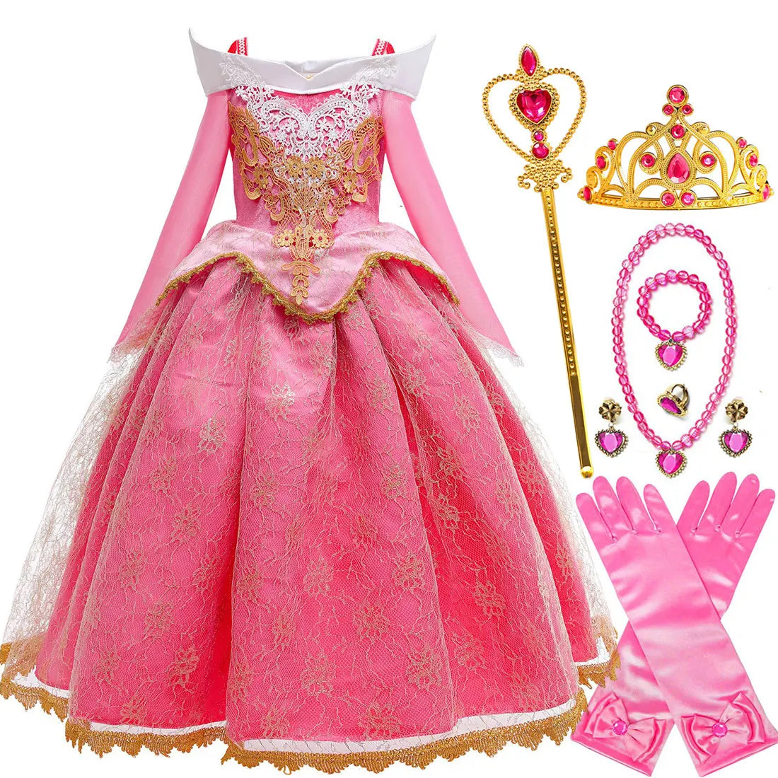 2025 Sleeping Beauty Aurora Princess Dress Cosplay Off Shoulder Kids Gifts Fancy Halloween Party Girl Baby Fine Lace Dress Set