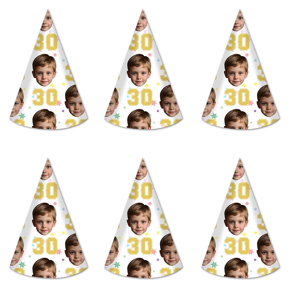 6pcs Custom Your Age and Photo Face Hats Personalized Birthday Hats Paper Hat Headware for Birthday Party Supplies