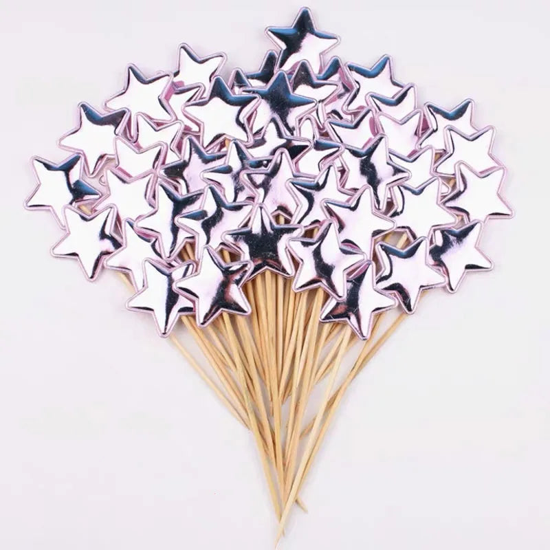 50/100PCS Cake Decoration Shiny Skin Reflective Heart Five Pointed Star Crown Birthday Dessert Table Baking Wedding Party