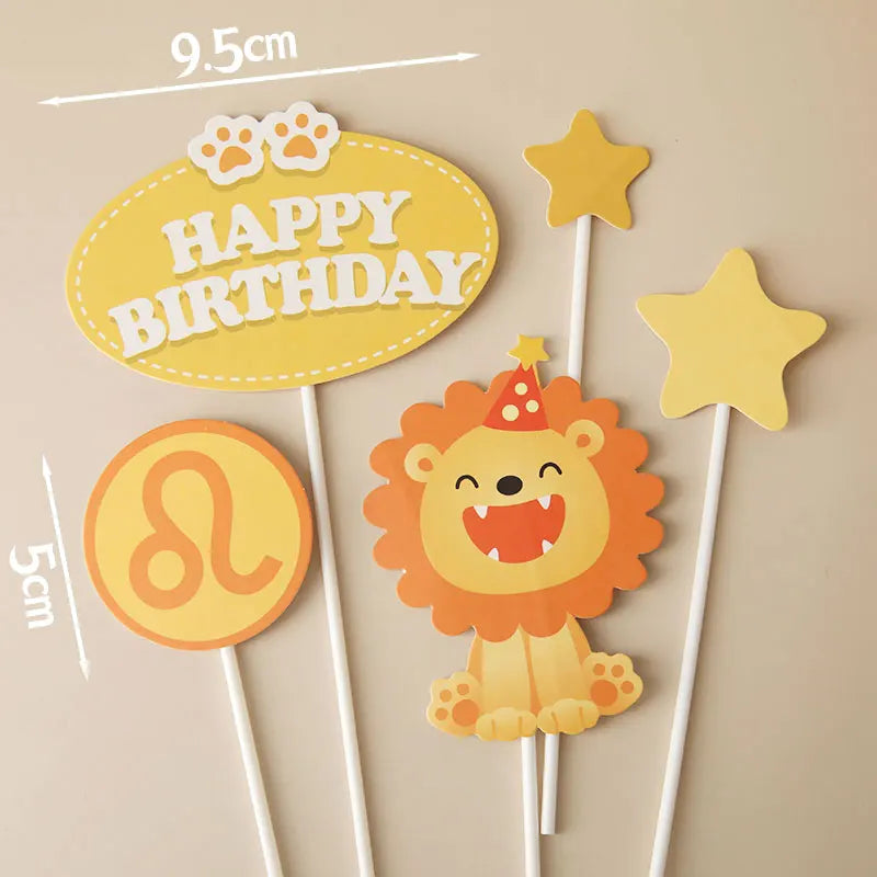 Baby Show Constellation Animal Leo Lion Happy Birthday Cake Topper Yellow Balloon Trees for Cake Decorating Party Supplies Gifts