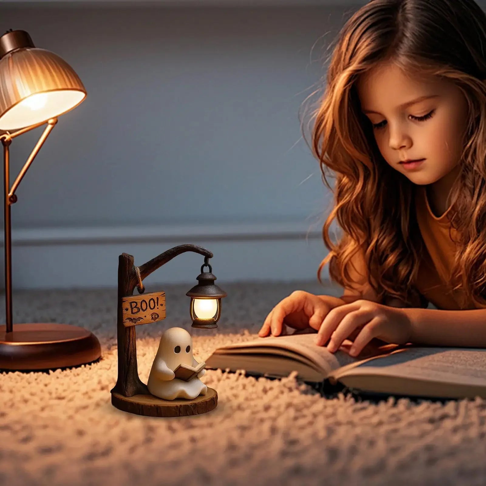 Cute Night Ghost Reading Lantern Home Ofice And Car Desktop Ornament Creative 3D Resin Halloween Reading Street Night Light Gift