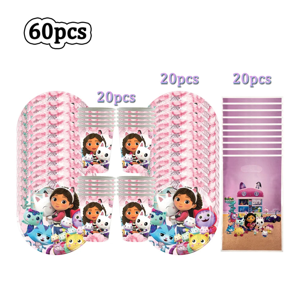 Hot Gabby Doll House Cartoon Girls Birthday Party Decorations Plate Tablecloth Paper Cup Napkin Doll House Tableware Set Gift