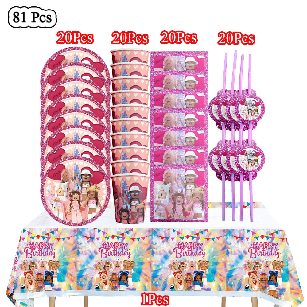 Cartoon Pink Roblox Birthday Party Decorations Napkins balloons Plate Girls Baby Shower Disposable Robot Tableware Supplies set