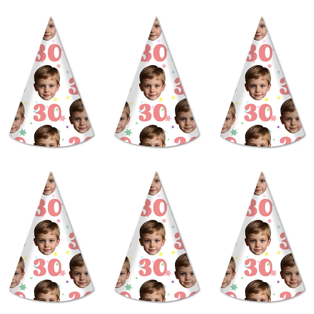 6pcs Custom Your Age and Photo Face Hats Personalized Birthday Hats Paper Hat Headware for Birthday Party Supplies