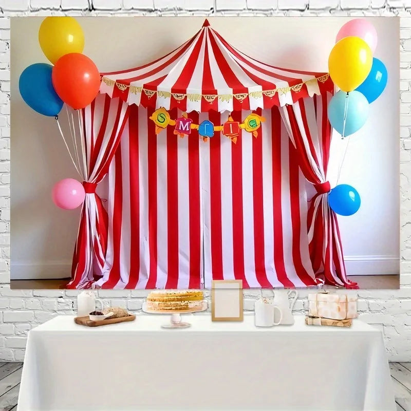 1 Carnival themed polyester background banner with colorful balloons and circus tent design - easy to hang
