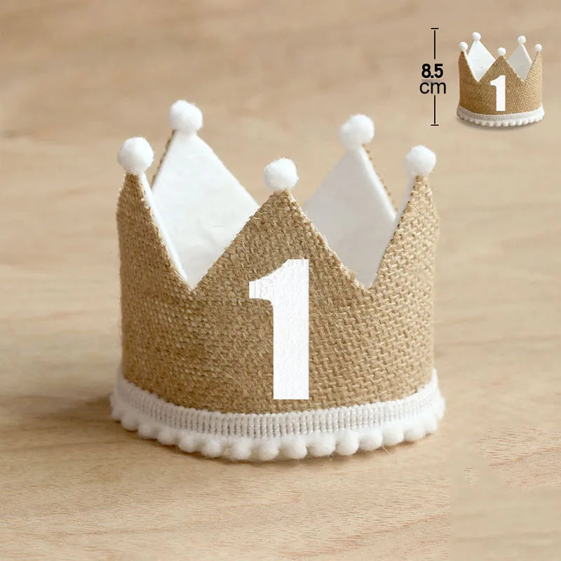Burlap Crown Baby Birthday Party Hat 1/2 1 2 3 4 5 6 7 8 9 Year Baby Boy Girl Linen Headband 100 Year Adult Anniversary Cap