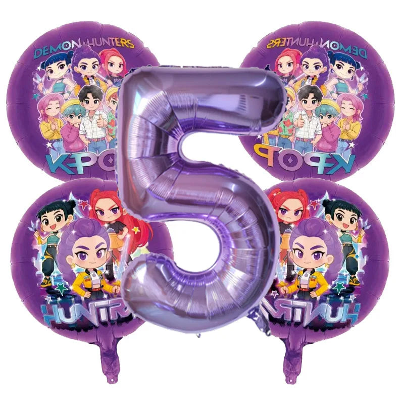 5pcs Kpop Demon Hunters Children's Birthday Party Decoration Ball Number Digit Balloon Set Baby Shower Party Supplies Gift Toy