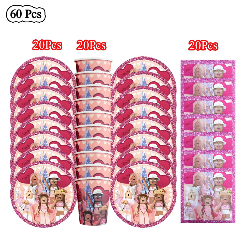 Cartoon Pink Roblox Birthday Party Decorations Napkins balloons Plate Girls Baby Shower Disposable Robot Tableware Supplies set
