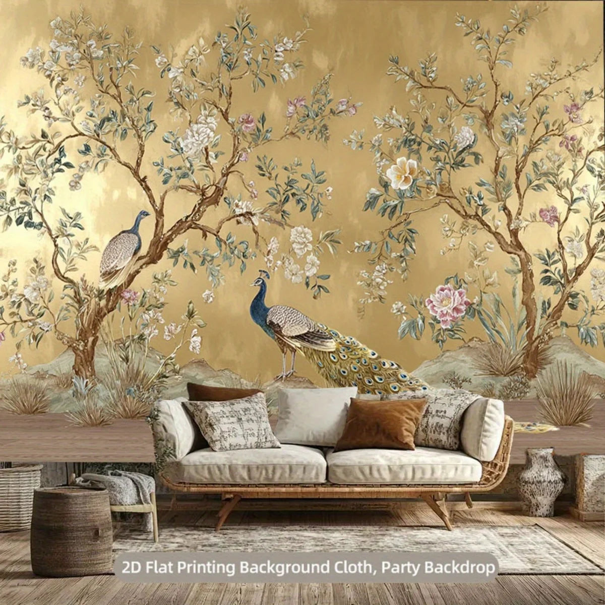 1 piece of Elegant Peacock Backdrop Fabric - Oversized Photography Wall Decor with Gold Background