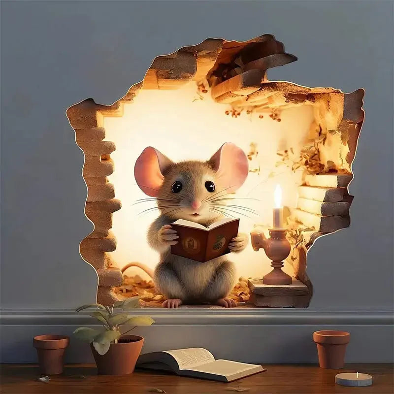 1pc Mouse Book Lover's Cute Mouse Hole Wall Stickers Waterproof Vinyl Decals Home Bedroom Living Room Animal Decoration