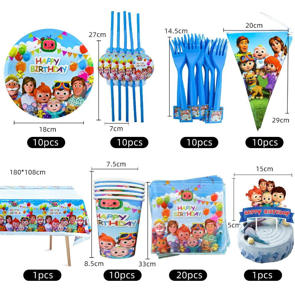 Cartoon JJ Melon Birthday Party Decorations Disposable Tableware Cup Plate Tablecloth Cake Topper Balloon for Kids Baby Shower