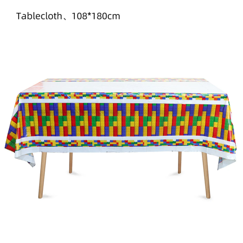 Building Block Tablecloth Theme Party Disposable Tableware Balloon Kid Boy and Girls Birthday Balloon Decor Baby Bath Products