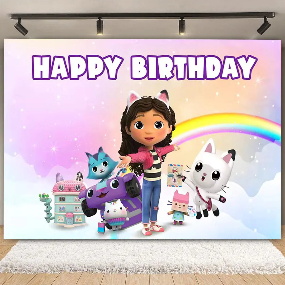 Cartoon-Gabby Dollhouse Children's Birthday Party Supplies Decoration Background Girl Baby Shower Pink Cat Toy Photo Banner Prop