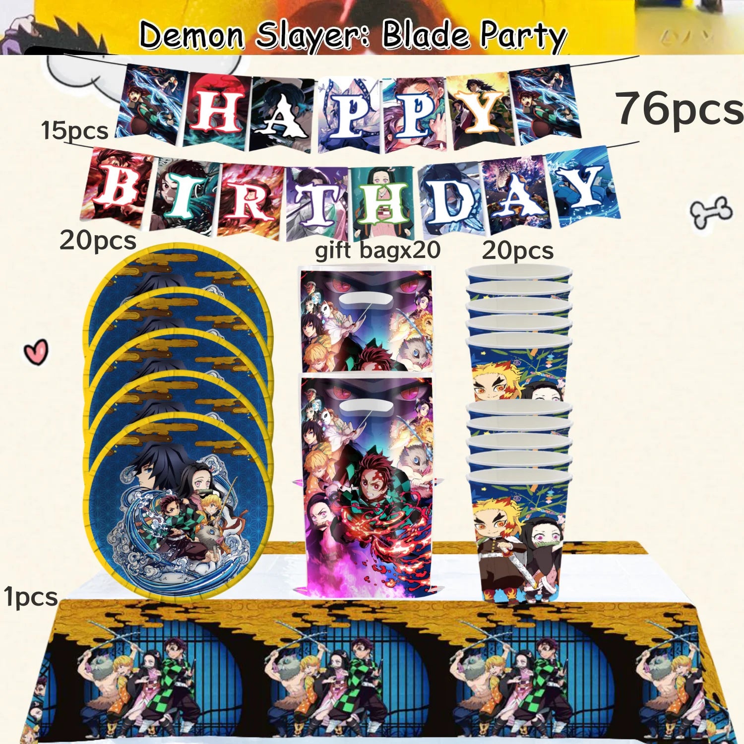 Demon Slayer Birthday Party Decor 20pepole Tableware Kimetsu No Yaiba Tablecloth Plate cup Baby Shower Kids Favor Party Supplies