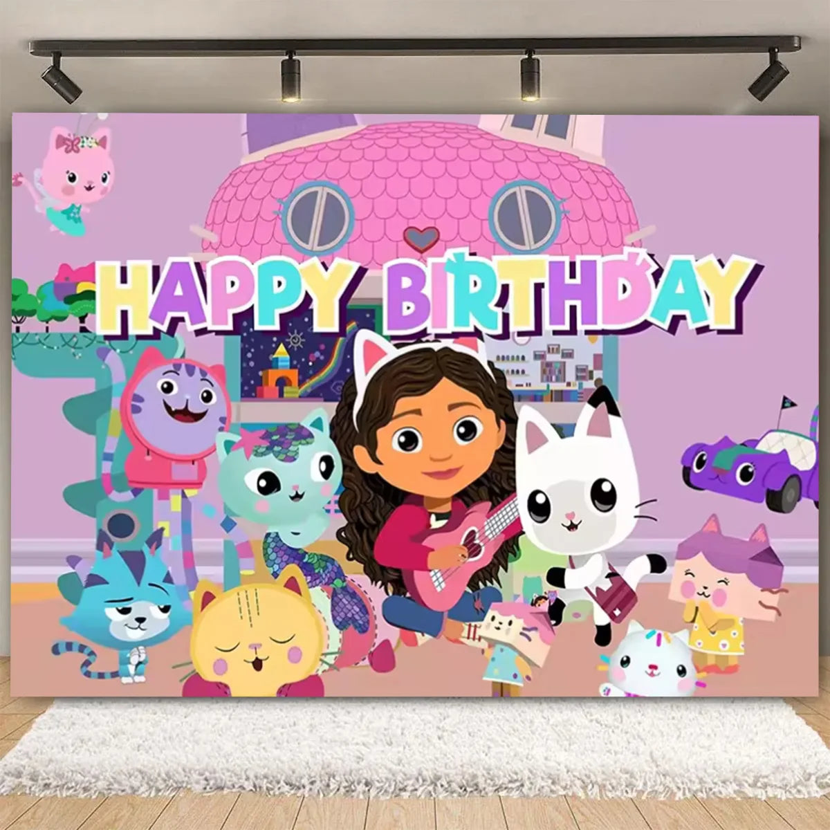 Cartoon-Gabby Dollhouse Children's Birthday Party Supplies Decoration Background Girl Baby Shower Pink Cat Toy Photo Banner Prop