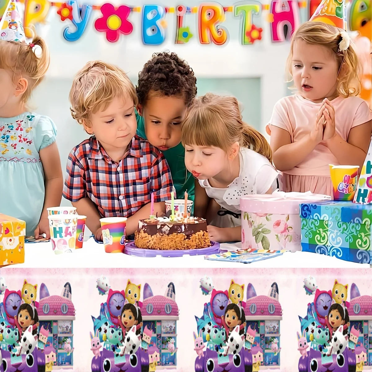 Gabby Dollhouse Tablecloth Birthday Party Decoration Gabby Disposable Table Cloth Table Cover Baby Shower Kids Party Supplies ﻿