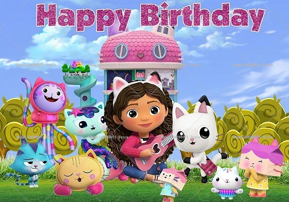 Cartoon Gabby Dollhouse Children Birthday Party Supplies Decoration Background Girl Baby Shower Pink Toy Photo Shoot Banner Prop