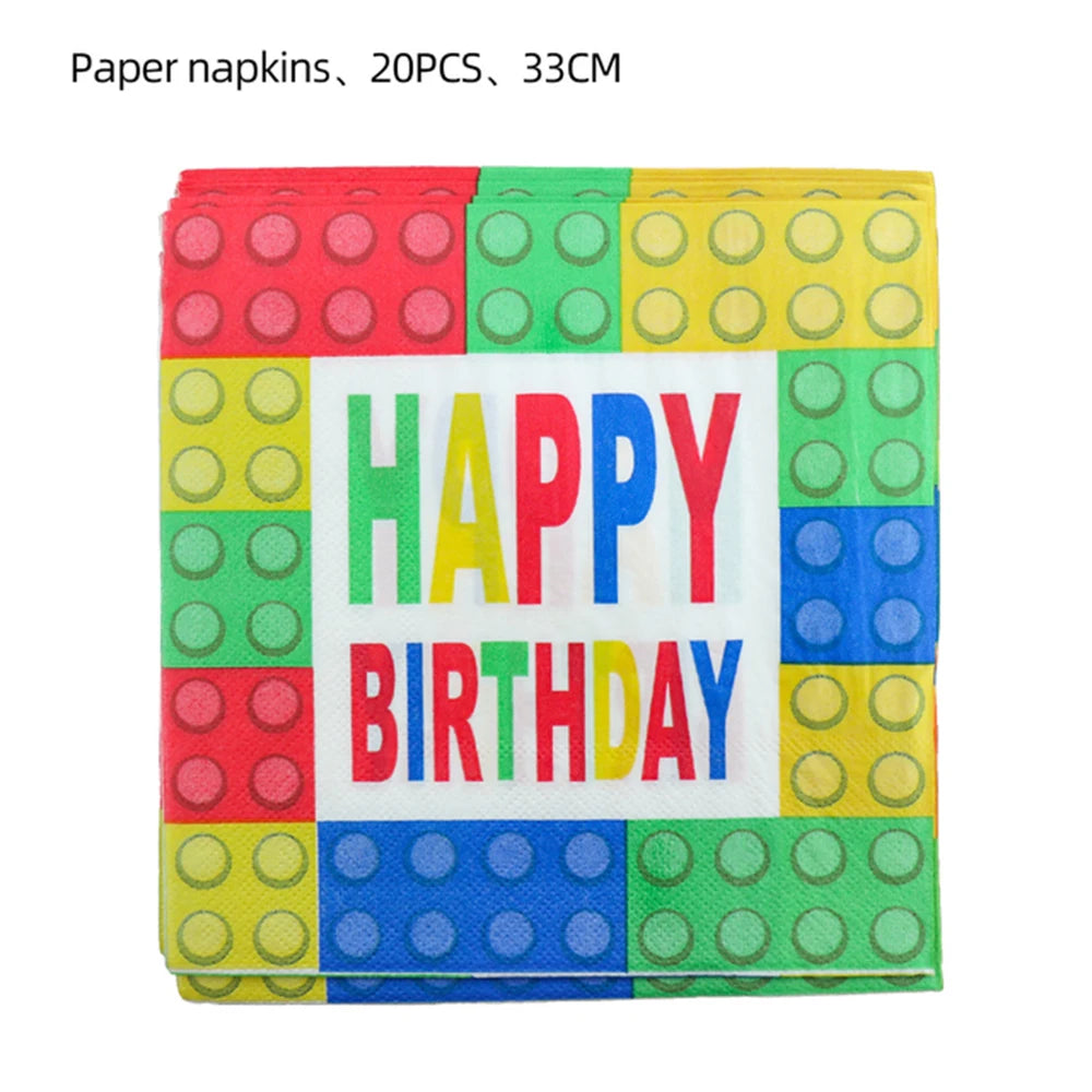 Building Block Tablecloth Theme Party Disposable Tableware Balloon Kid Boy and Girls Birthday Balloon Decor Baby Bath Products