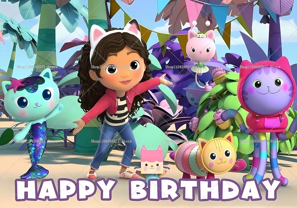 Cartoon Gabby Dollhouse Children Birthday Party Supplies Decoration Background Girl Baby Shower Pink Toy Photo Shoot Banner Prop