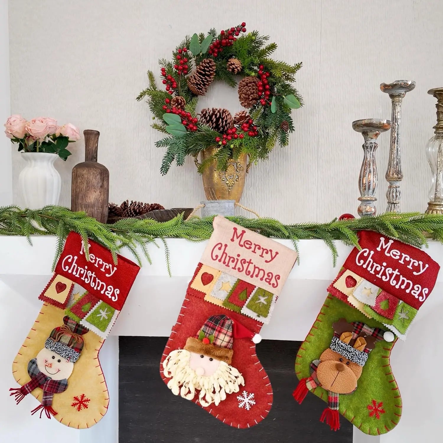 1pcs Retro Christmas Stockings Decoration Large Boots Tree Santa Snowman Reindeer Candy Bag Gift Bag Xmas HomeHanging Decoration