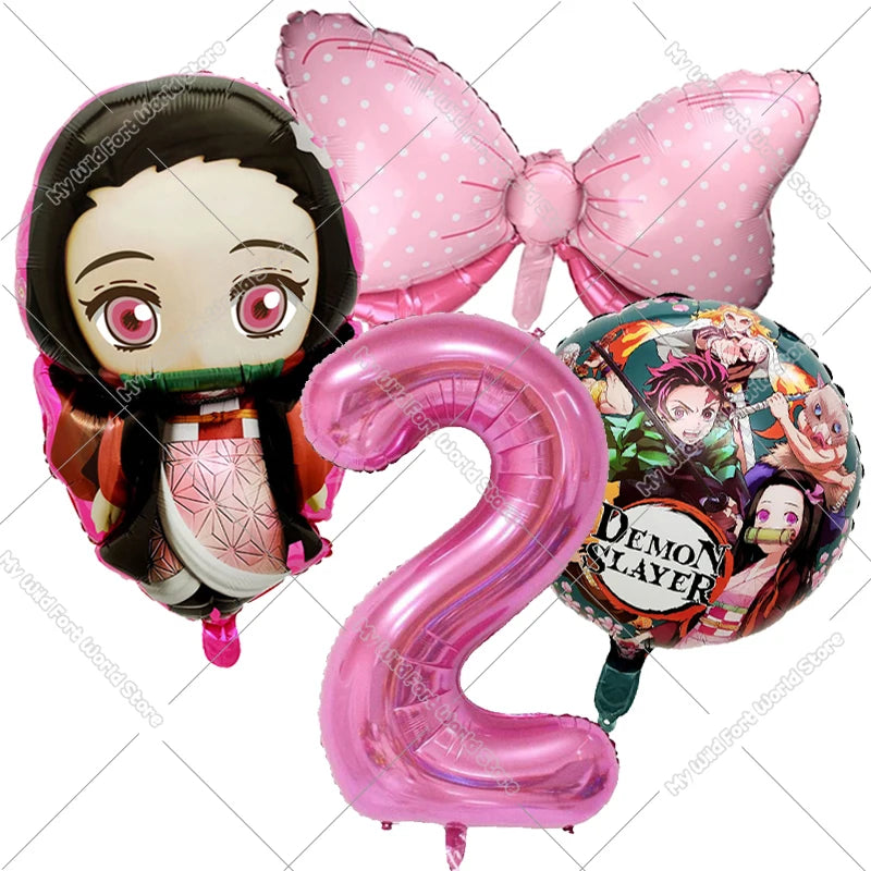 Demon Slayer Birthday Balloons Decoration Set Number Bow Kamado Tanjirou Nezuko Balloon Boy Girl Party Supplies Kids Party Favor