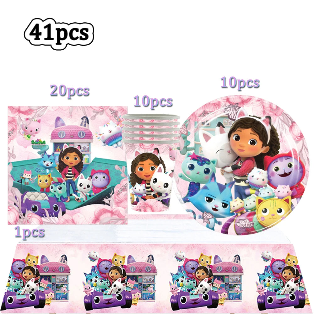 Hot Gabby Doll House Cartoon Girls Birthday Party Decorations Plate Tablecloth Paper Cup Napkin Doll House Tableware Set Gift