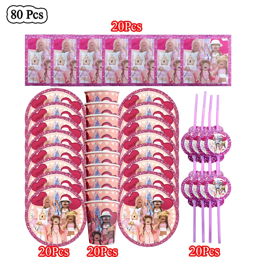 Cartoon Pink Roblox Birthday Party Decorations Napkins balloons Plate Girls Baby Shower Disposable Robot Tableware Supplies set