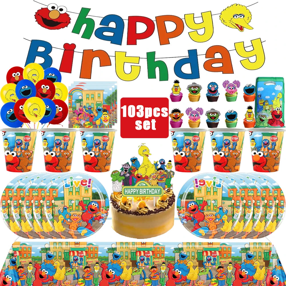 Disney Cartoon SEsame-Streets Birthday Party Set Supplies Kids Disposable Tableware Balloon Cake Topper Banner Plates Decoration