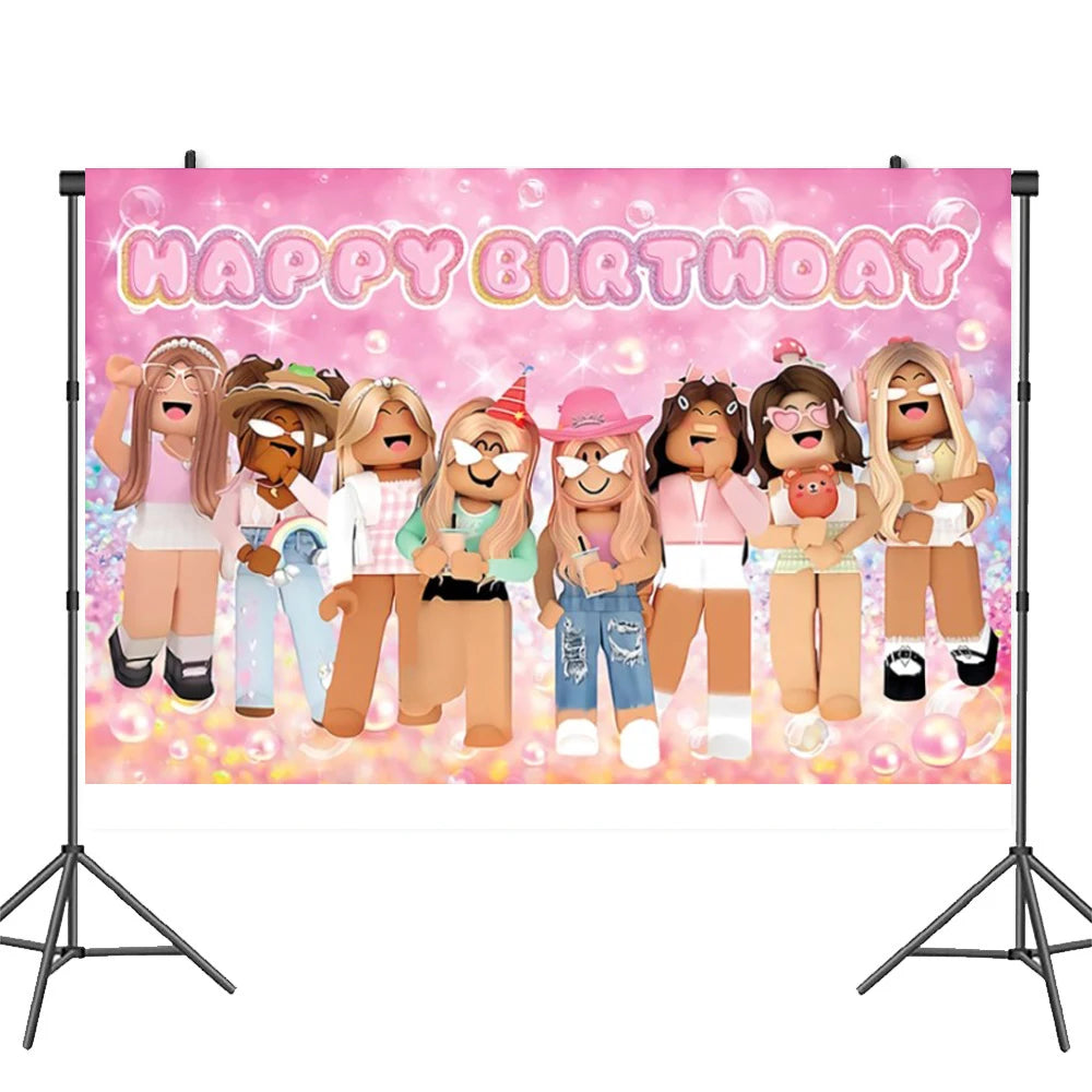 Cartoon Pink Roblox Birthday Party Decorations Napkins balloons Plate Girls Baby Shower Disposable Robot Tableware Supplies set