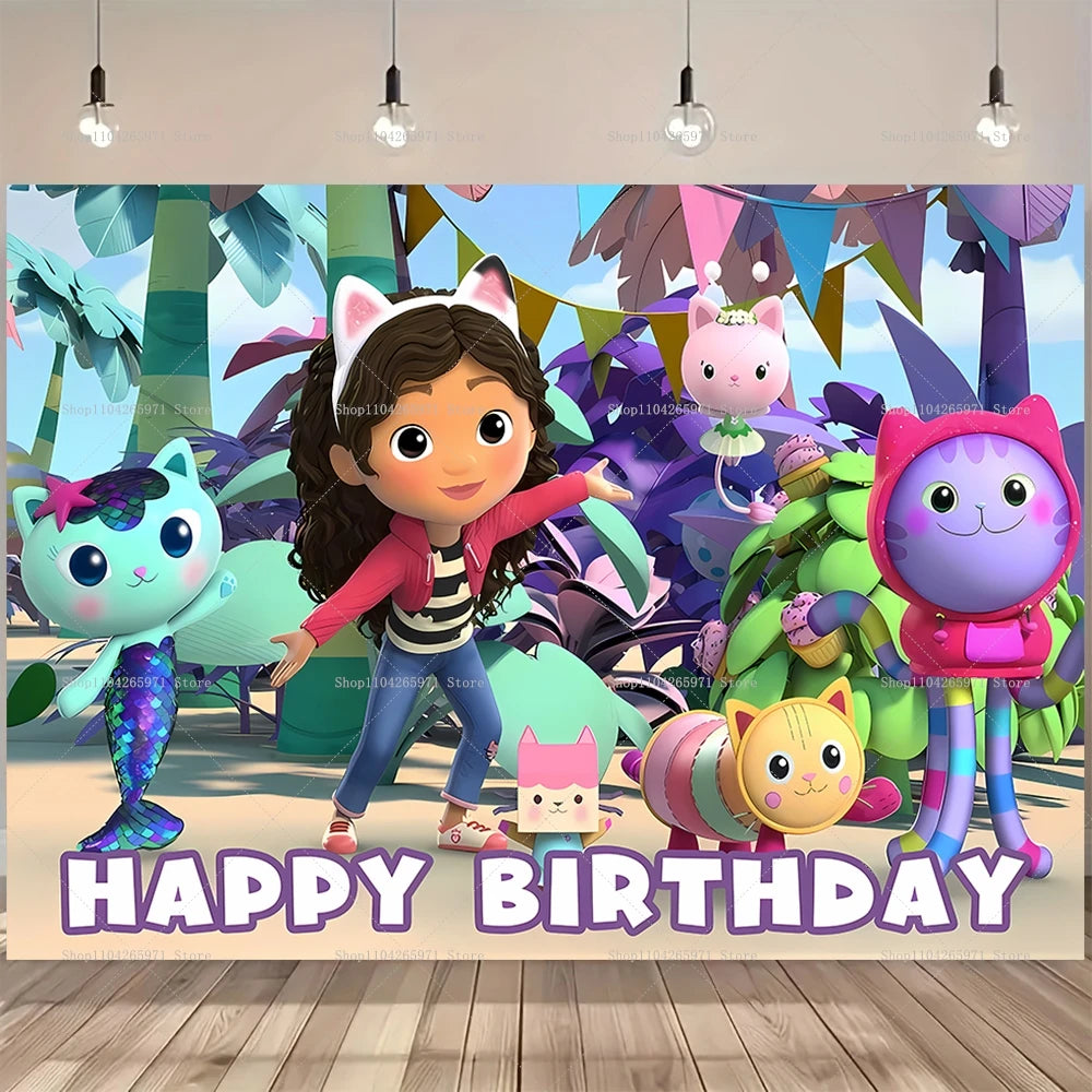 Cartoon Gabby Dollhouse Children Birthday Party Supplies Decoration Background Girl Baby Shower Pink Toy Photo Shoot Banner Prop