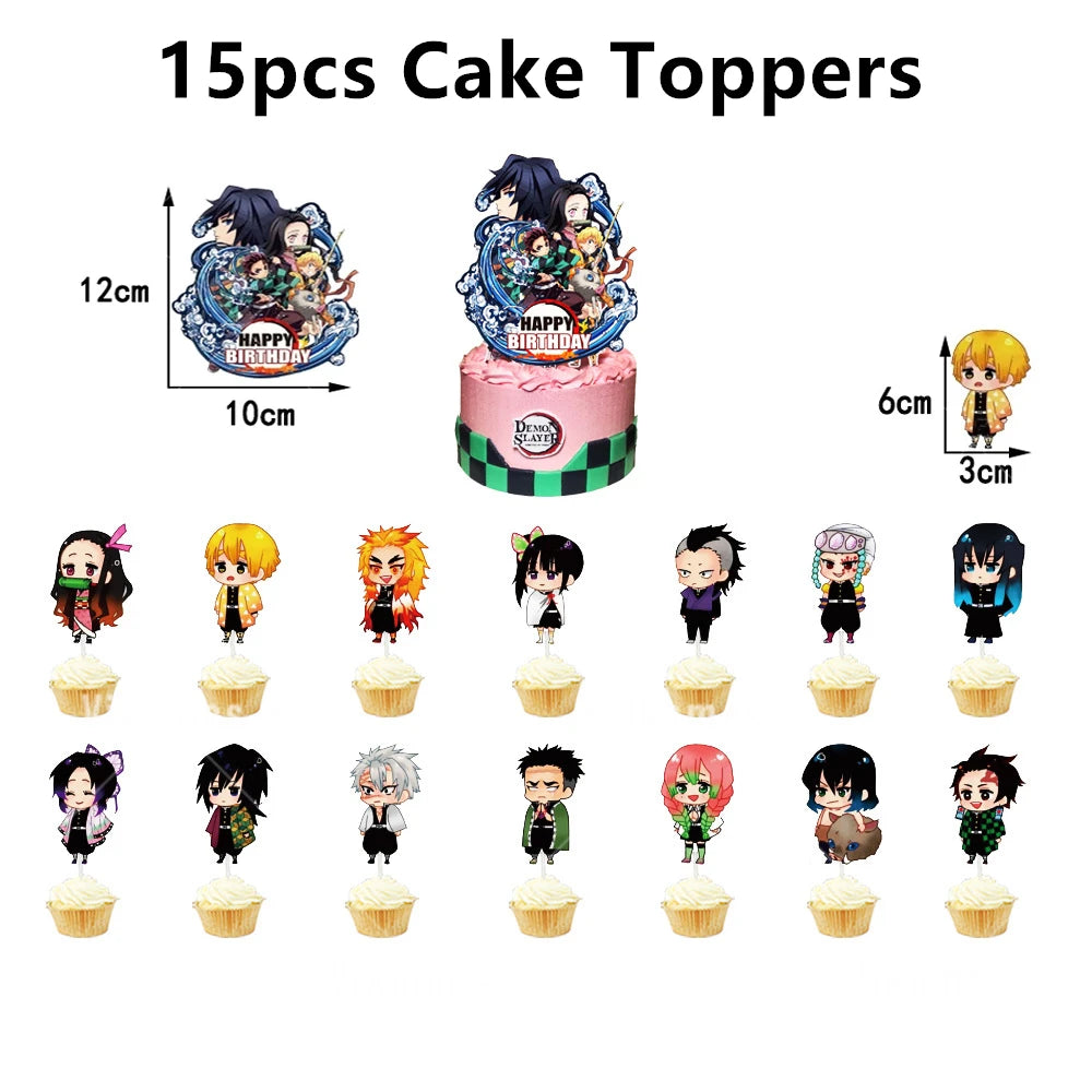 Demoned Slayers Balloons Happy Birthday Banner Kimetsu No Yaiba Party Decoration Cup Disposable Tableware Anime Cake Topper Toy