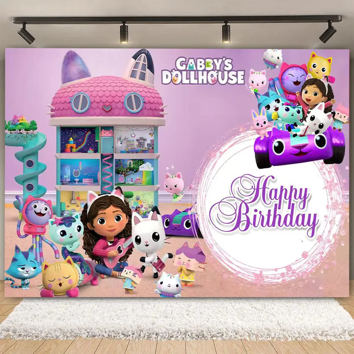 Cartoon-Gabby Dollhouse Children's Birthday Party Supplies Decoration Background Girl Baby Shower Pink Cat Toy Photo Banner Prop