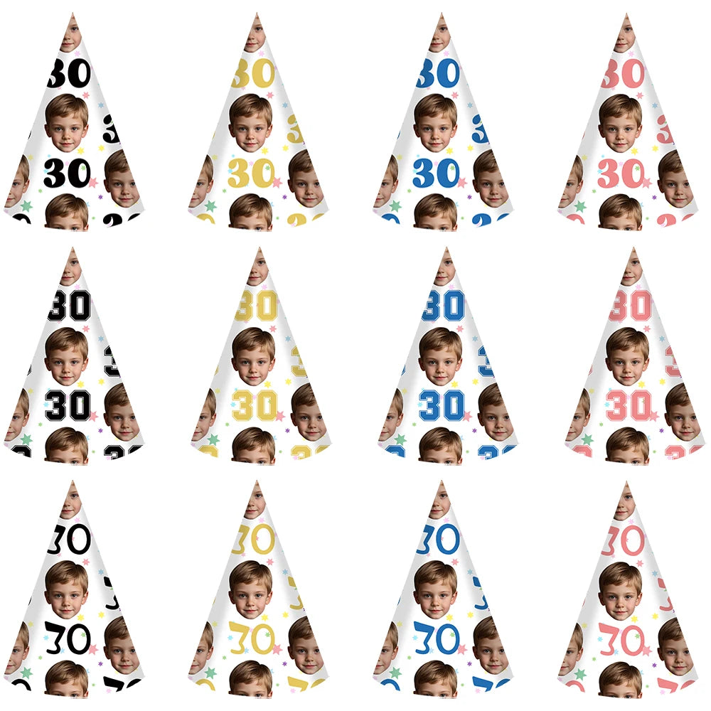 6pcs Custom Your Age and Photo Face Hats Personalized Birthday Hats Paper Hat Headware for Birthday Party Supplies