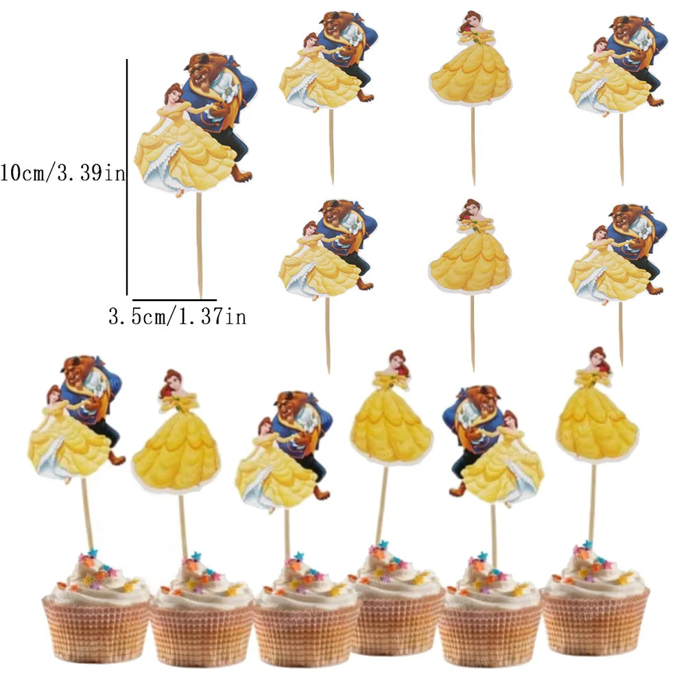 24pcs Beauty and the Beast Cake Toppers Wrappers Birthday Party Decoration For Kids Baby Shower Princess Supplies Gifts Cupcake