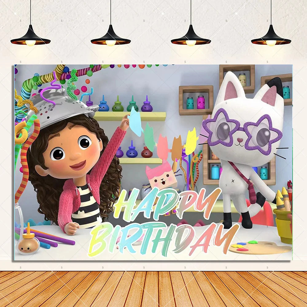 Cartoon G-Gabby Doll House Birthday Party Decorations Disposable Tableware Tablecloth Balloon Background Banner Party Supplies