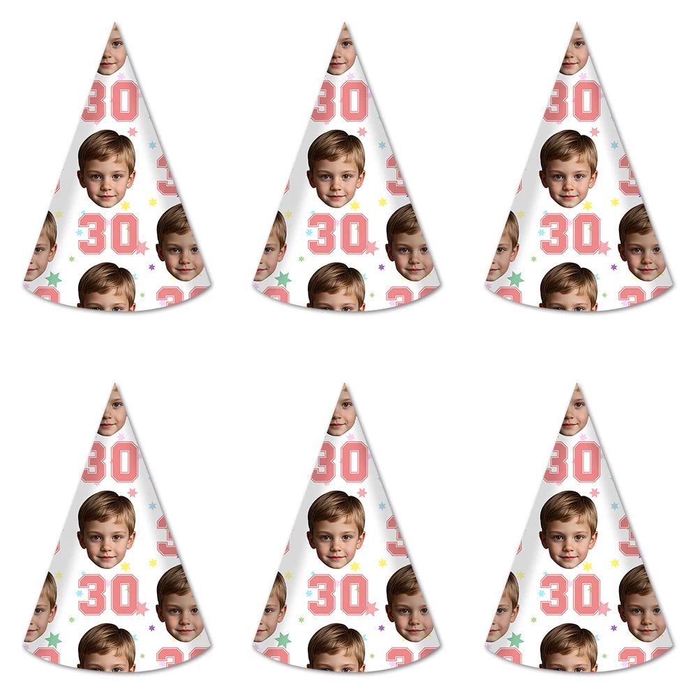 6pcs Custom Your Age and Photo Face Hats Personalized Birthday Hats Paper Hat Headware for Birthday Party Supplies