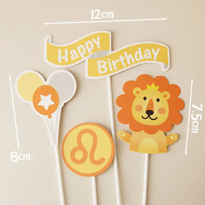 Baby Show Constellation Animal Leo Lion Happy Birthday Cake Topper Yellow Balloon Trees for Cake Decorating Party Supplies Gifts
