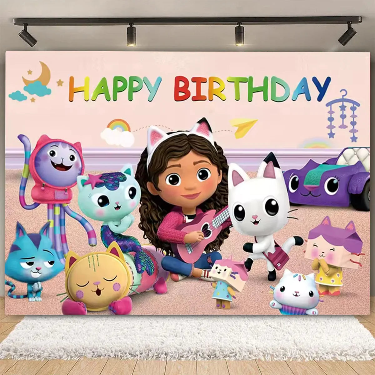Cartoon-Gabby Dollhouse Children's Birthday Party Supplies Decoration Background Girl Baby Shower Pink Cat Toy Photo Banner Prop