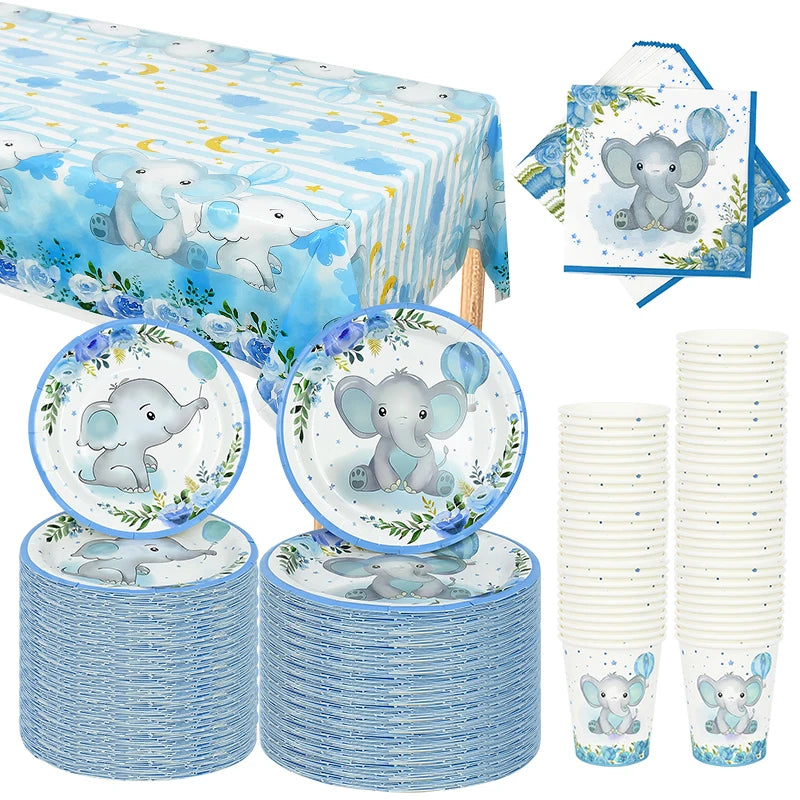 Blue Baby Elephant Disposable Tableware Set Paper Plate Cup Napkin Kids Boys 1st Birthday Party Decoration Baby Shower Supplies