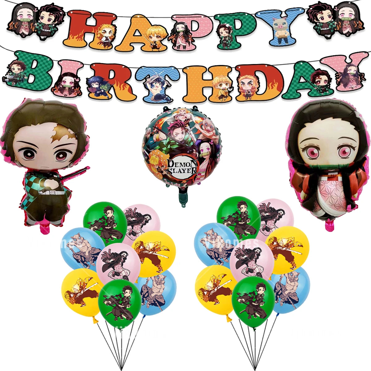 Demoned Slayers Balloons Happy Birthday Banner Kimetsu No Yaiba Party Decoration Cup Disposable Tableware Anime Cake Topper Toy