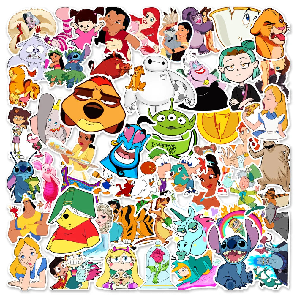 10/30/50pcs Mixed Disney Anime Cartoon Stickers Cute Princess Mickey Mouse Stitch Graffiti Decals Kawaii Kids DIY Sticker Gifts