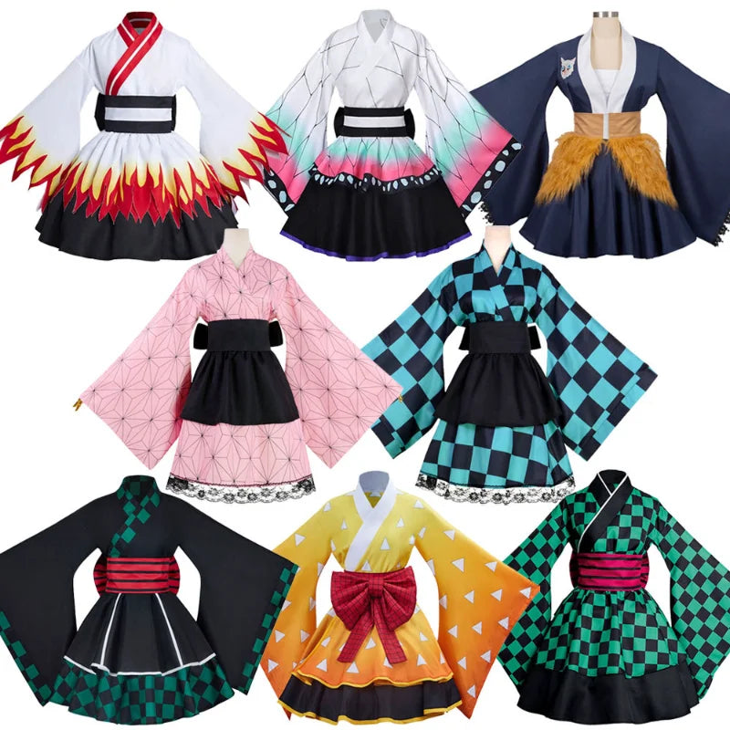Anime Demon Slayer Kimono Maid Dresses Kamado Nezuko Cosplay Costume Japanese Kimonos Women Lolita Dress Halloween Party Gifts