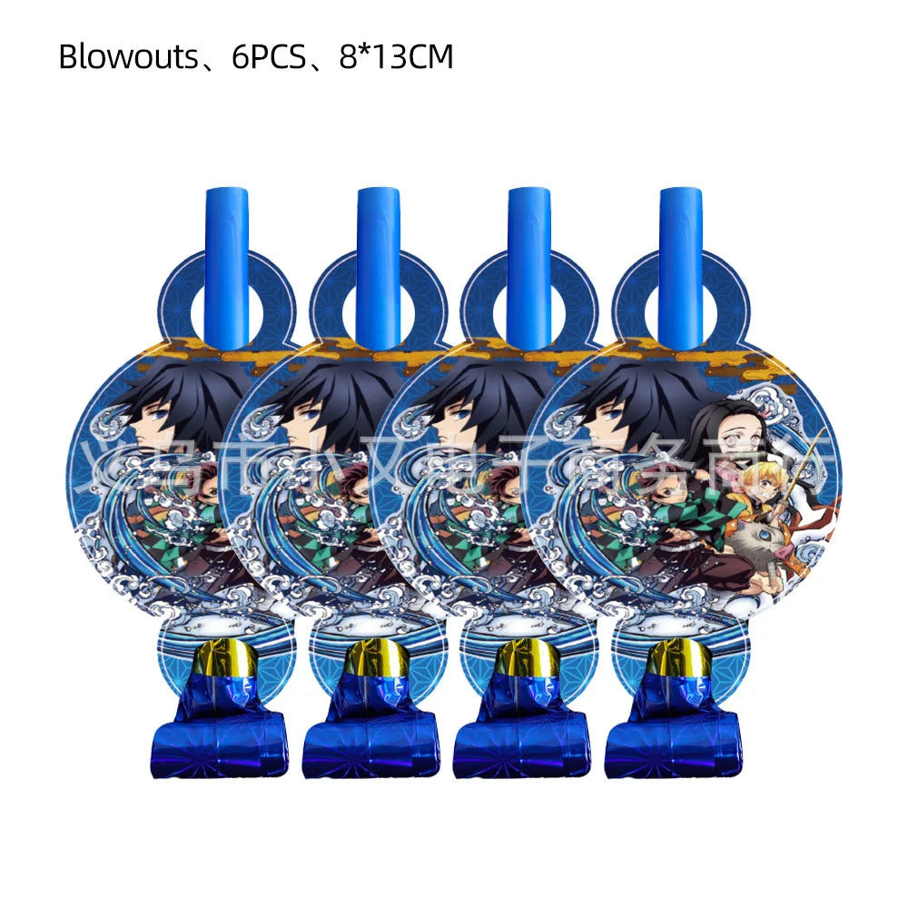 Demoned Slayers Balloons Happy Birthday Banner Kimetsu No Yaiba Party Decoration Cup Disposable Tableware Anime Cake Topper Toy